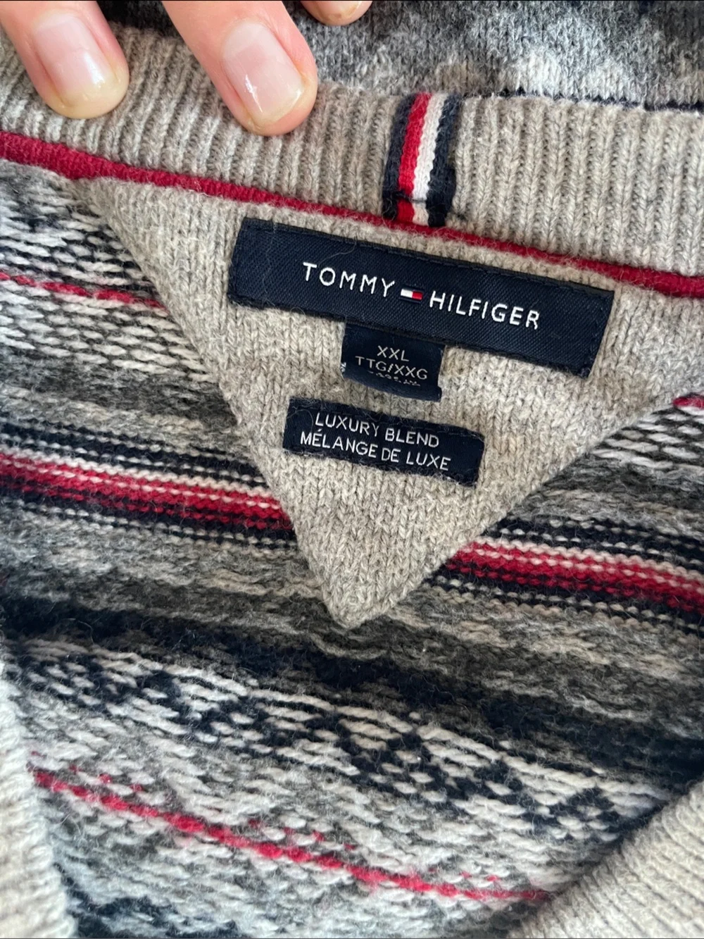 Tommy Hilfiger Gray Crewneck Fair Isle Sweater with Red & Black Accents